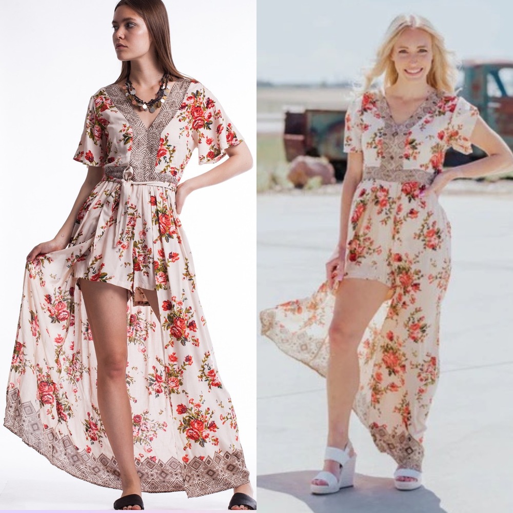 Angie Floral Maxi Romper Cream Red Boho Skort Dress, Keyhole Back Medium Hippie
